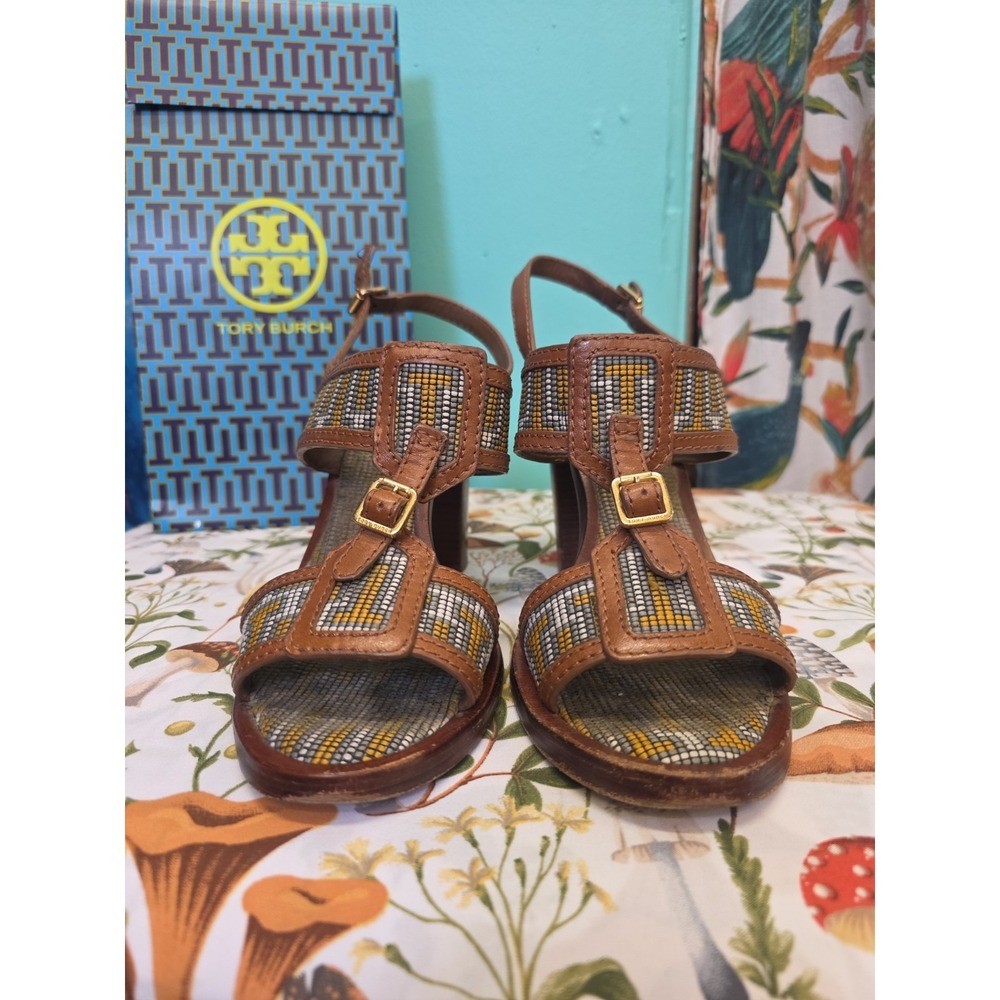 Tory Burch Florian Aztec Block Heel Sandals Tan Leather Ankle Strap Women 9 M - Picture 2 of 13